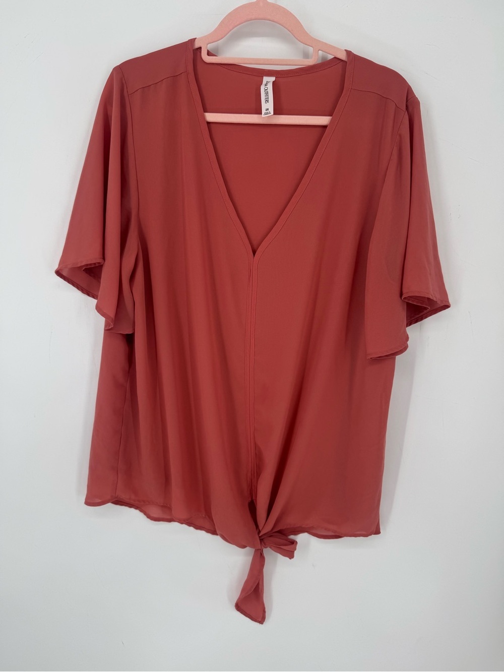 Zenana Terracotta Tie Front Flutter Sleeve Lightweight Blouse Flowy Size 2X